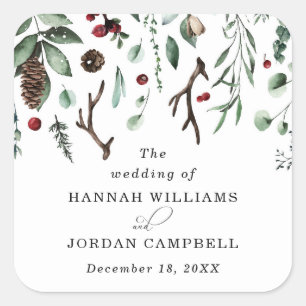 Rustieke winter groen rode kerst bessen vierkante sticker