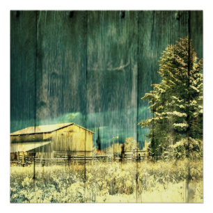 Rustieke winter groenblijvende oude barnwood huisj perfect poster