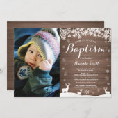 Rustieke Winter Herten Doop Fotouitnodiging Kaart (Voorkant / Achterkant)