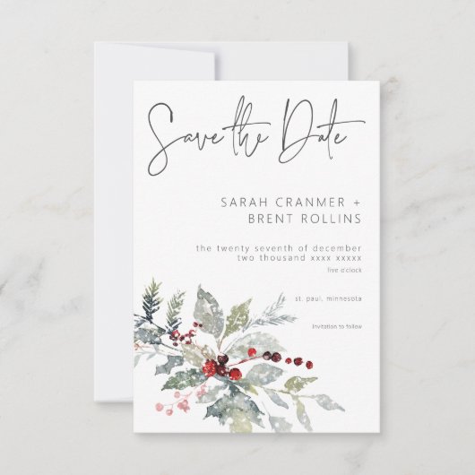 Rustieke Winter Holly Berries & Sneeuw Bruiloft Save The Date (Voorkant)