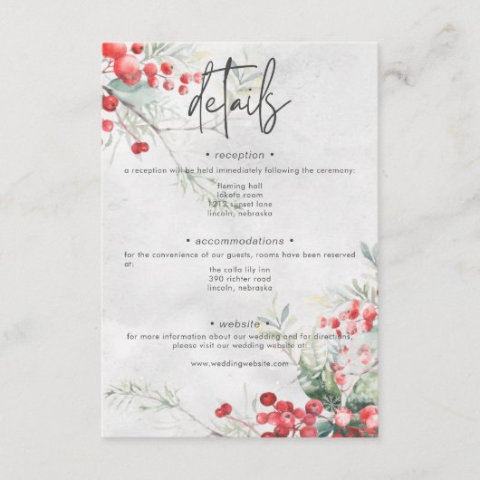 Rustieke Winter Holly & Pine Wedding Details Informatiekaartje (Voorkant)