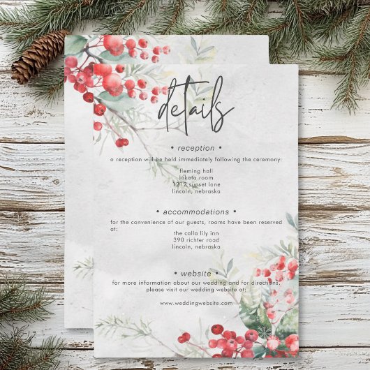 Rustieke Winter Holly & Pine Wedding Details Informatiekaartje