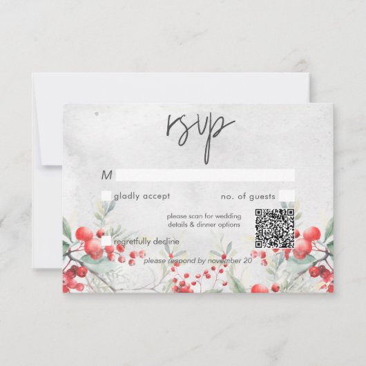 Rustieke Winter Holly & Pine Wedding QR Code RSVP Kaartje (Voorkant)