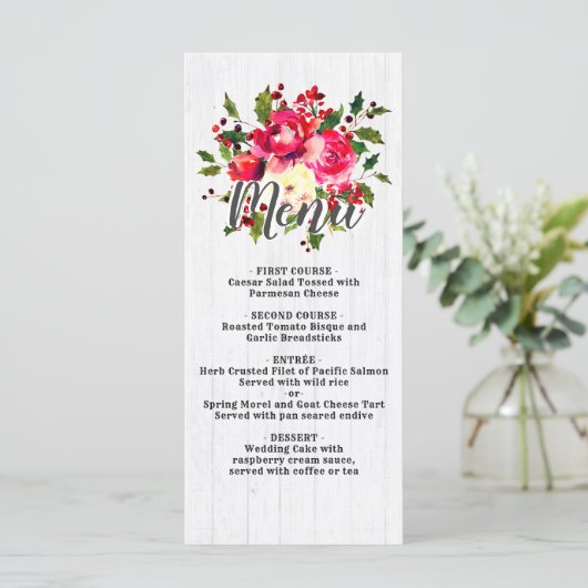 Rustieke Winter Holly Wit Houten Bruiloft Menu (Staand voorkant)