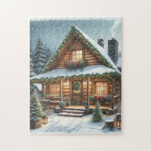 Rustieke winter / kerst besneeuwde cabine legpuzzel
