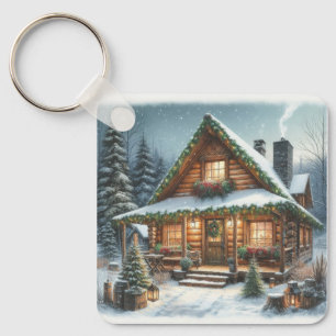 Rustieke winter / kerst besneeuwde cabine sleutelhanger