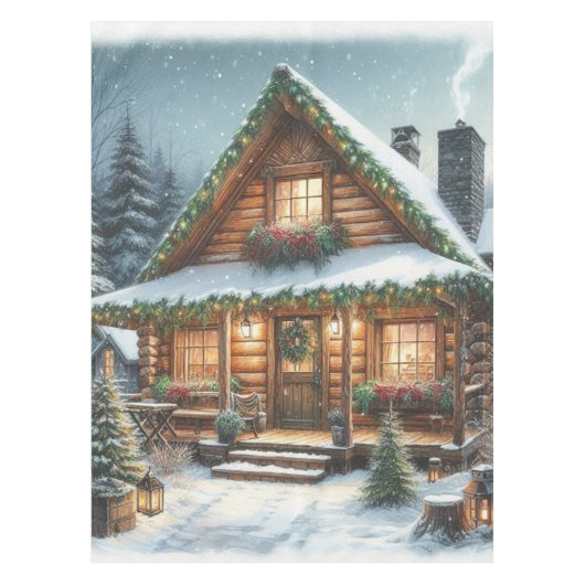 Rustieke winter / kerst besneeuwde cabine tafelkleed (Voorkant)