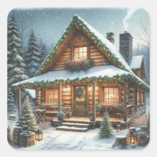Rustieke winter / kerst besneeuwde cabine vierkante sticker