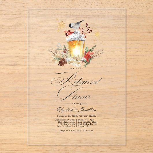 Rustieke Winter Lantaarn Transparant Repetitie Din Acryl Uitnodigingen (Voorkant)