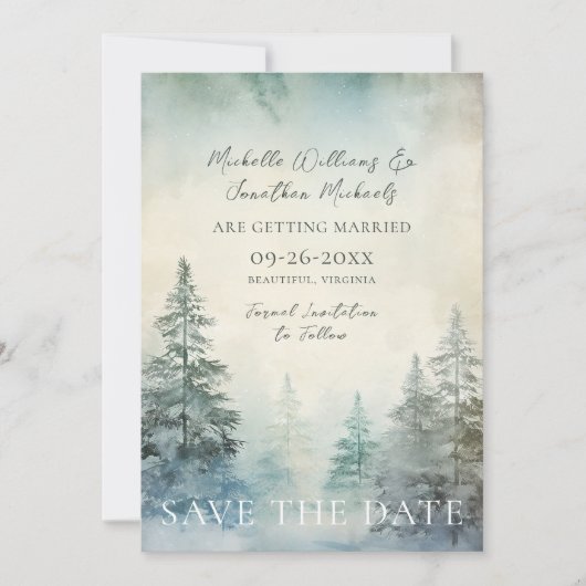 Rustieke Winter Pine Forest Woodland foto bruiloft Save The Date (Voorkant)
