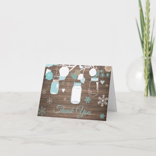 Rustieke Winter Sneeuwvlok Mason Jar Teal Bedankkaart (Voorkant)