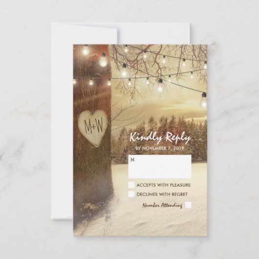 Rustieke Winter Tree Twinkle Lights Wedding RSVP Kaartje (Voorkant)