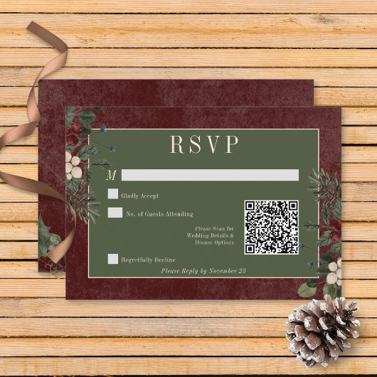 Rustieke winterbessen & dennen Bourgogne QR-code RSVP Kaartje