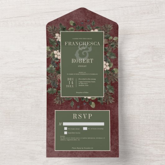 Rustieke winterbessen & dennen Bourgondië Details All In One Uitnodiging (Binnen)