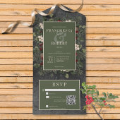 Rustieke winterbessen & dennenzwart QR-code All In One Uitnodiging