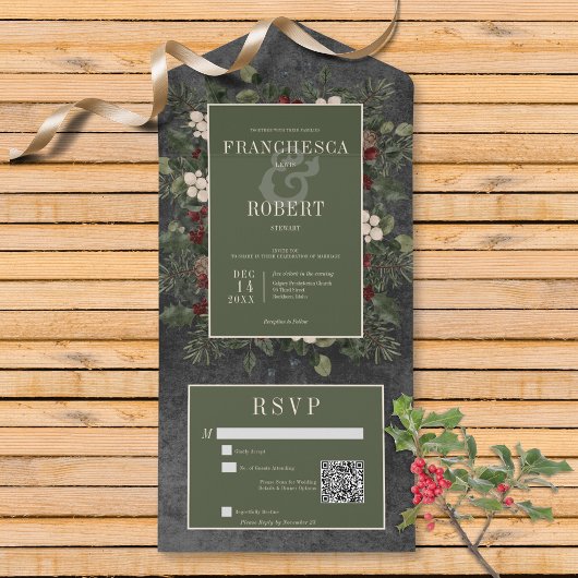 Rustieke winterbessen & dennenzwart QR-code All In One Uitnodiging