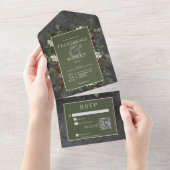 Rustieke winterbessen & dennenzwart QR-code All In One Uitnodiging (Afscheurbaar)