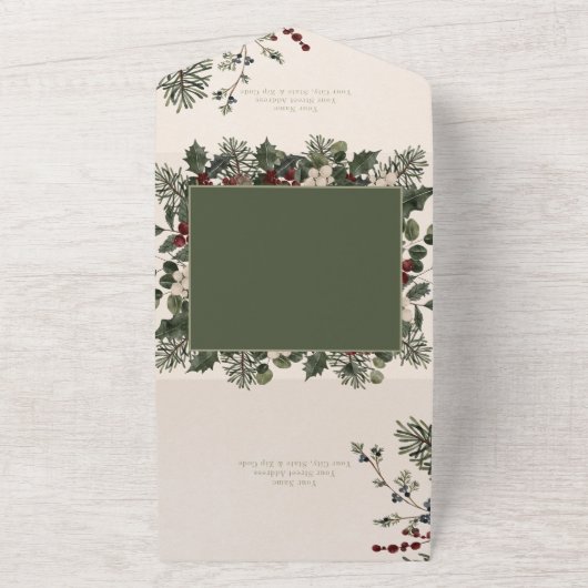 Rustieke winterbessen & Pijnboomcrème Geen diner All In One Uitnodiging (Buitenkant)