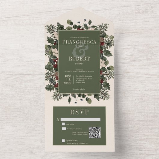 Rustieke winterbessen & Pine Cream QR-code All In One Uitnodiging (Binnen)