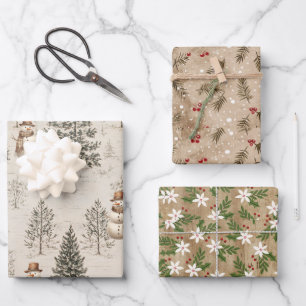 Rustieke winterbomen, botanicals, bloemen, sneeuwp inpakpapier vel