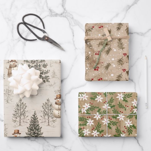 Rustieke winterbomen, botanicals, bloemen, sneeuwp inpakpapier vel (Voorkant)