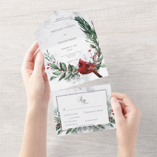 Rustieke winterkrans & rood kardinaal diner all in one uitnodiging (Afscheurbaar)