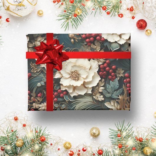  Rustieke winterrode bessen bloemenkerst Cadeaupapier