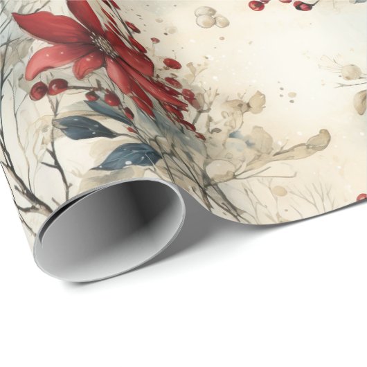 Rustieke winterrode botanische kerst Cadeaupapier (Rol Hoek)