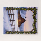 Rustieke winterschuur bij zonsondergang legpuzzel (Horizontaal)