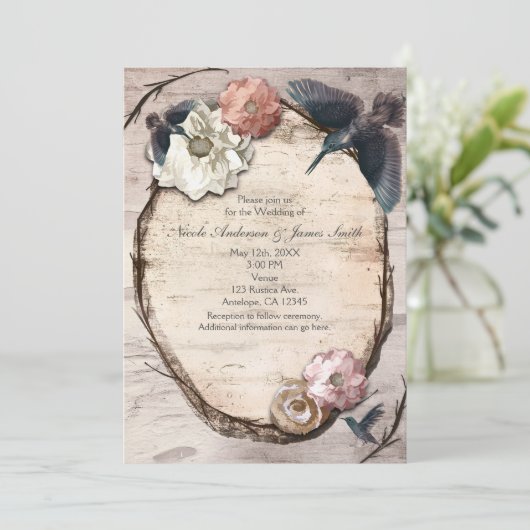 Rustieke witte berken bloem- en kolibrie uitnodigi kaart (Staand voorkant)