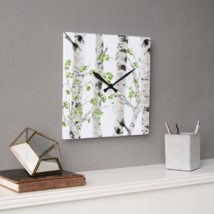 Rustieke witte berkenboom acryl wandklok vierkante klok