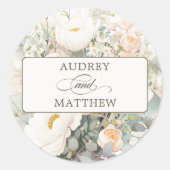Rustieke witte bloemen bruiloft ronde sticker (Voorkant)