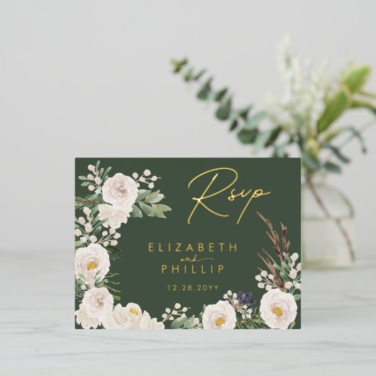 Rustieke Witte Bloemen Goud Groen RSVP Folie Uitnodiging Briefkaart (Staand Voorkant)