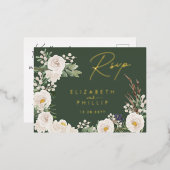 Rustieke Witte Bloemen Goud Groen RSVP Folie Uitnodiging Briefkaart (Voorkant / Achterkant)