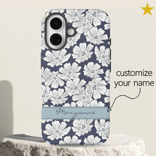 Rustieke witte bloemen schets blauwe tint aangepas iPhone 16 hoesje