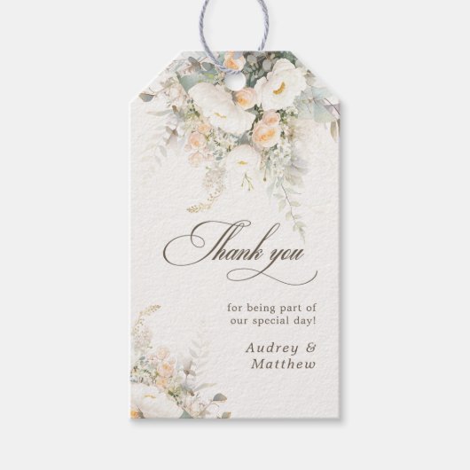 Rustieke witte blooms bruiloft dank u cadeaulabel (Voorkant)