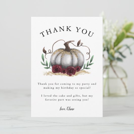Rustieke Witte Gouden Pompoen Verjaardagsfeestje Bedankkaart (Staand voorkant)
