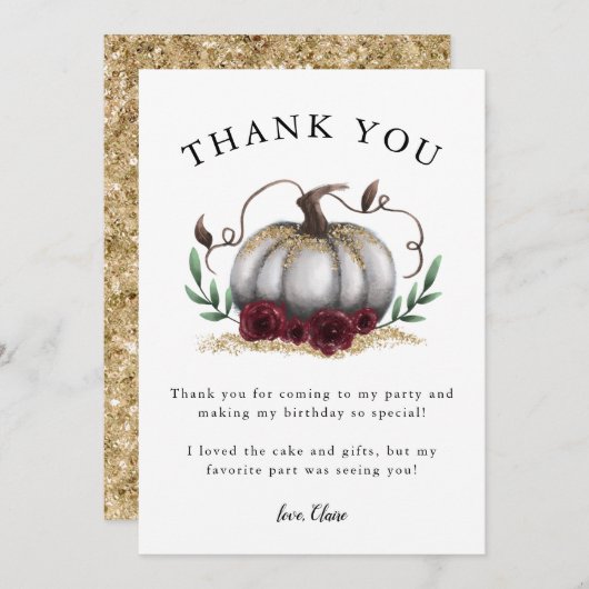 Rustieke Witte Gouden Pompoen Verjaardagsfeestje Bedankkaart (Voorkant / Achterkant)