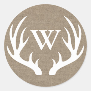 Rustieke witte herten gewei jute initiaal ronde sticker