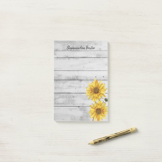 Rustieke witte houten zonnebloemen notities post-it® notes (Op bureau)