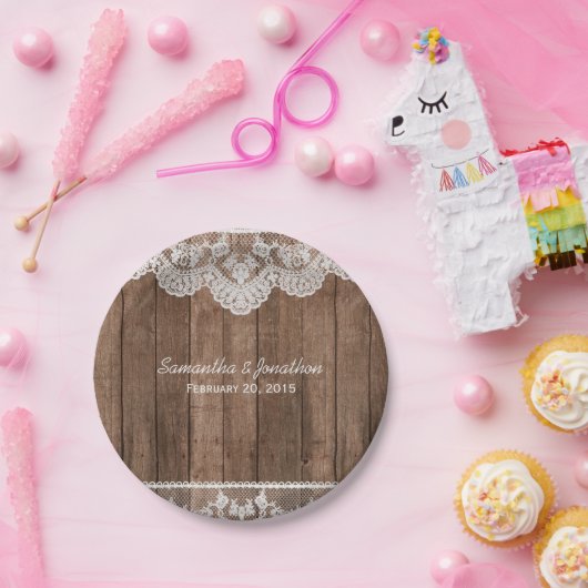 Rustieke witte kant en houten bruiloft papieren bordje (Feest)