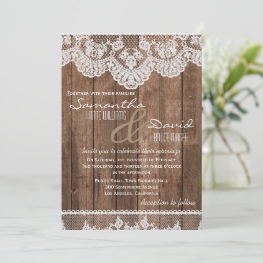 Rustieke Witte Kant en Houten Uitnodiging van het  (Staand voorkant)