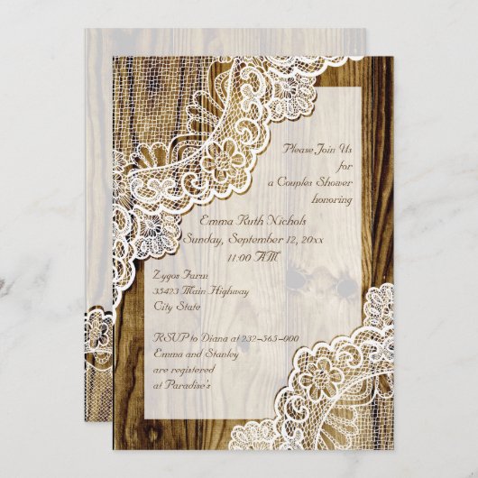 Rustieke witte kant op hout bruiloft koppels douch kaart (Voorkant / Achterkant)