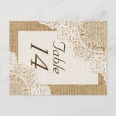 Rustieke witte kant op jute trouwtafel nummer briefkaart (Voorkant)