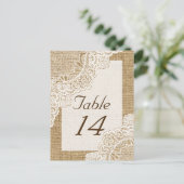 Rustieke witte kant op jute trouwtafel nummer briefkaart (Staand voorkant)