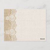 Rustieke witte kant op jute trouwtafel nummer briefkaart (Achterkant)