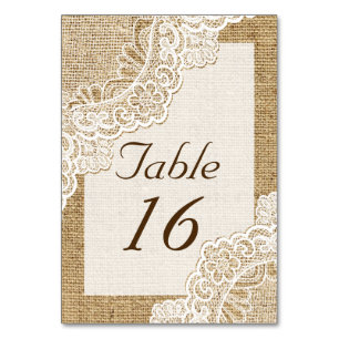 Rustieke witte kant op jute trouwtafel nummer kaart