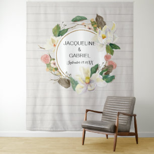 Rustieke witte magnolia roze bloemige trouw achter wandkleed