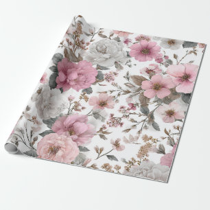 Rustieke Witte Roze Botanische Pastel Vintage Bloe Cadeaupapier