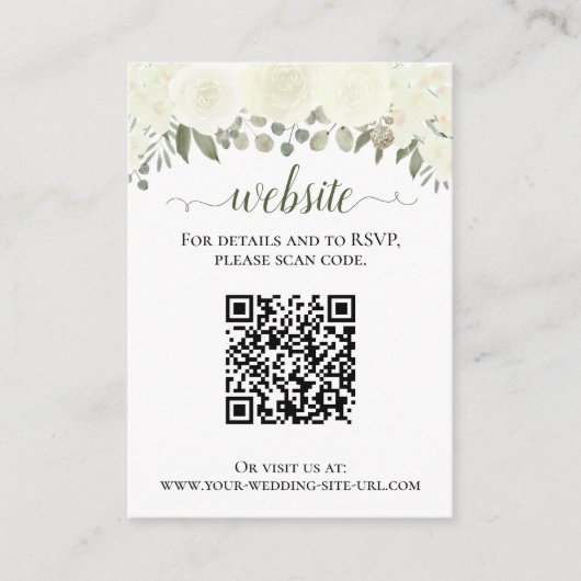 Rustieke witte rozen bruiloft website QR-code Informatiekaartje (Voorkant)